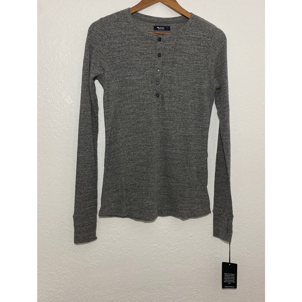 NWT Michael Lauren REVOLVE Size L Gray Vance Fitted Ribbed Henley Top Thumbhole
